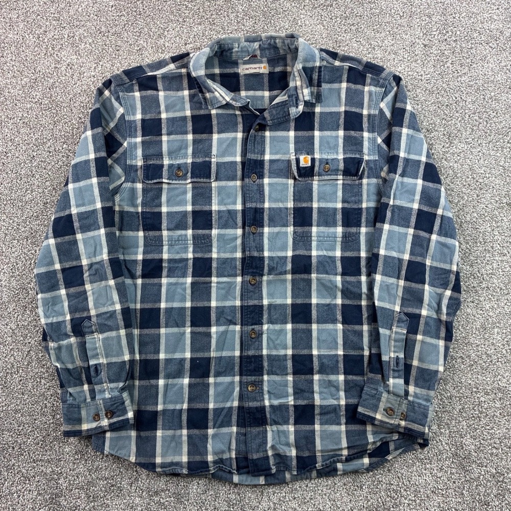Carhartt Flannel Shirt Mens Large Blue Plaid Cotton Button Down 102815-437